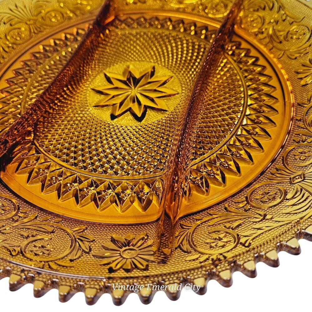 Vtg Amber Indiana Glass Divided Platter Scalloped Edge Sandwich Relish Tray